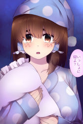 Rule 34 | 1girl, adapted costume, blush, breasts, brown eyes, brown hair, cookie (touhou), eyebrows, hair tubes, hakurei reimu, hat, kanna (cookie), large breasts, long sleeves, looking at viewer, meis (terameisu), nightcap, hugging object, open mouth, pajamas, pillow, pillow hug, polka dot, polka dot shirt, shirt, short hair, sleeves past wrists, solo, tears, thick eyebrows, touhou, translated