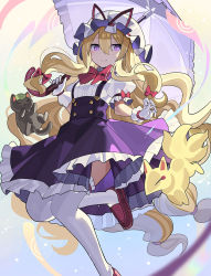 Rule 34 | 1girl, aged down, blonde hair, chen, chen (cat), closed mouth, falken (yutozin), gloves, hair between eyes, hat, highres, holding, holding umbrella, loafers, long hair, looking at viewer, mob cap, purple eyes, purple skirt, red footwear, shoes, skirt, smile, suspender skirt, suspenders, thighhighs, touhou, umbrella, very long hair, white gloves, white headwear, white thighhighs, yakumo ran, yakumo ran (fox), yakumo yukari