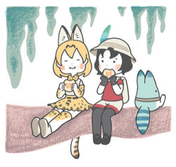 Rule 34 | 2girls, ^ ^, animal ear fluff, animal ears, animal print, backpack, bag, black footwear, black gloves, black hair, black legwear, blush stickers, bow, bowtie, branch, closed eyes, closed mouth, dot nose, eating, elbow gloves, extra ears, facing viewer, food, food in mouth, food on face, full body, gloves, hands up, hat feather, helmet, hirasawa minami, holding, holding food, in tree, japari bun, kaban (kemono friends), kemono friends, legs together, looking at another, looking to the side, lowres, lucky beast (kemono friends), multiple girls, orange hair, outdoors, pantyhose, pith helmet, print bow, print gloves, print legwear, print neckwear, print skirt, red shirt, serval (kemono friends), serval print, serval tail, shirt, shoe soles, shoes, short hair, short sleeves, shorts, sitting, sitting in tree, skirt, smile, striped tail, tail, thighhighs, tree, white background, white footwear, zettai ryouiki