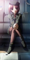 Rule 34 | 1girl, asai f. lavinia, blush, brown pantyhose, chikotam, crossed legs, eden they were only two on the planet, hat, highres, military, military uniform, minori (company), pantyhose, red hair, sitting, solo, uniform, yellow eyes