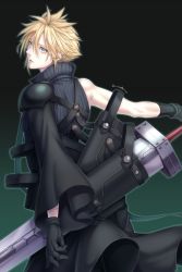 Rule 34 | 1boy, apron, aqua eyes, armor, black background, black gloves, black sleeves, blonde hair, cloud strife, cowboy shot, drawing sword, earrings, final fantasy, final fantasy vii, final fantasy vii advent children, first ken, from behind, furofuki daikon, fusion swords, gloves, gradient background, green background, grey shirt, hair between eyes, high collar, holding, holding sword, holding weapon, jewelry, looking at viewer, looking back, male focus, parted lips, shirt, short hair, shoulder armor, single bare shoulder, single earring, single sleeve, sleeveless, sleeveless shirt, solo, spiked hair, sword, twitter username, waist apron, weapon