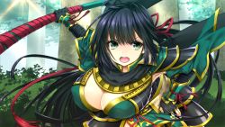 Rule 34 | 1girl, armor, armpits, black hair, bouncing breasts, breasts, cleavage, covered erect nipples, fighting stance, floating hair, forest, game cg, green eyes, holding, holding sword, holding weapon, japanese clothes, kan&#039;u unchou (sangoku hime), katana, large breasts, leaning forward, long hair, looking at viewer, nature, open mouth, outdoors, ponytail, sangoku hime, sangoku hime 3, scarf, serious, solo, standing, sword, tree, unicorn-a, upper body, weapon