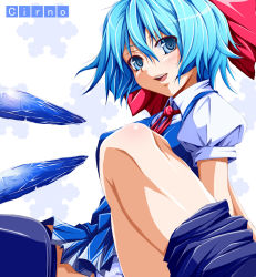Rule 34 | 1girl, bad id, bad pixiv id, black thighhighs, blue hair, blush, bow, character name, cirno, embodiment of scarlet devil, female focus, hachimitsu candy, hair bow, ice, legs, panties, pantyshot, short hair, solo, thighhighs, touhou, underwear, wings