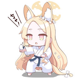 Rule 34 | 1girl, ?, alternate costume, animal ear fluff, animal ears, bird, blonde hair, blue archive, chibi, commentary request, cruciform halo, extra ears, fighting stance, flower, forehead, fox ears, fox girl, fox tail, full body, hair flower, hair ornament, halo, karate, long hair, long sleeves, looking at another, looking at viewer, o (rakkasei), orange eyes, parted bangs, pun, seia (blue archive), sidelocks, simple background, tail, translation request, white bird, wide sleeves