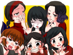 Rule 34 | 6+girls, akago (muhyun), atomflower, black hair, carmen (the path), choker, covering face, covering own mouth, covering privates, fingersmile, ginger (the path), grey eyes, long hair, multiple girls, one eye closed, open mouth, orange hair, robin (the path), rose (the path), ruby (the path), scarlet (the path), short hair, siblings, sisters, smile, sweatdrop, the path, tongue, tongue out, wink