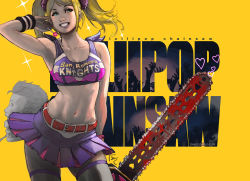 Rule 34 | 1boy, 1girl, armpits, belt, blonde hair, blood, blue eyes, candy, chainsaw, cheerleader, clothes writing, couple, crop top, david semsei, food, grasshopper manufacture, green eyes, grin, heart, juliet starling, lollipop, lollipop chainsaw, long hair, midriff, miniskirt, navel, necktie, nick carlyle, open mouth, scrunchie, severed head, short hair, skirt, smile, sparkle, thighhighs, twintails, watch, white thighhighs, wristband, wristwatch, yellow background, zombie