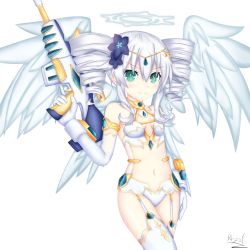 Rule 34 | 1girl, absurdres, bare shoulders, black heart (neptunia), black heart (neptunia) (cosplay), black sister, breasts, cleavage, cosplay, drill hair, falling feathers, feathered wings, feathers, four goddesses online: cyber dimension neptune, garter straps, gloves, green eyes, gun, halo, highres, holding, holding gun, holding weapon, jewelry, looking at viewer, navel, neptune (series), power symbol, power symbol-shaped pupils, rhapsofree, simple background, small breasts, smile, solo, symbol-shaped pupils, thighhighs, twin drills, twintails, uni (neptunia), weapon, white background, white gloves, white hair, white thighhighs, wings