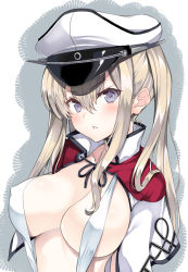 Rule 34 | 10s, 1girl, blonde hair, breasts, capelet, covered erect nipples, graf zeppelin (kancolle), hair between eyes, hat, inuzumi masaki, kantai collection, large breasts, long hair, long sleeves, military, military uniform, peaked cap, purple eyes, sidelocks, solo, twintails, uniform