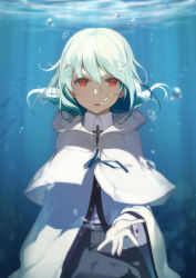 Rule 34 | 1girl, air bubble, aqua hair, blue theme, bubble, capelet, floating hair, gloves, highres, hitoshi, light rays, looking at viewer, original, red eyes, short hair, solo, underwater, water, white gloves
