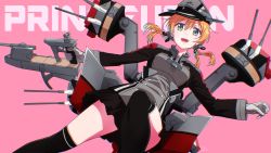 Rule 34 | 1girl, anchor hair ornament, aqua eyes, bad id, bad twitter id, black skirt, black thighhighs, blonde hair, character name, cross, dated, feet out of frame, gloves, hair between eyes, hair ornament, hat, highres, iron cross, kantai collection, low twintails, machinery, microskirt, military, military hat, military uniform, peaked cap, pink background, prinz eugen (kancolle), skirt, solo, spread legs, thighhighs, thighs, twintails, uniform, wakou (zassou tamashi), white gloves