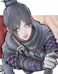 Rule 34 | 1girl, absurdres, ai shou, animification, apex legends, black bodysuit, black gloves, black hair, black scarf, blue eyes, bodysuit, gloves, hair behind ear, hair bun, highres, holding, holding knife, knife, kuji-in, kunai, looking at viewer, parted bangs, scarf, smile, solo, twitter username, weapon, wraith&#039;s kunai, wraith (apex legends)