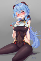 Rule 34 | 1girl, absurdres, ahoge, arm behind back, artist name, bare shoulders, black bodysuit, blue hair, blush, bodystocking, bodysuit, breast curtain, breasts, brown bodysuit, clothing cutout, commentary request, cosplay, covered navel, curled horns, detached sleeves, full body, ganyu (genshin impact), genshin impact, goat horns, gold trim, gradient background, grey background, hair between eyes, hand on own chest, heart, heart-shaped pupils, highres, hip vent, horns, lactation, large breasts, long hair, looking at viewer, low ponytail, mengxin huazha, multicolored eyes, nipple cutout, nippleless clothes, no gloves, open mouth, purple eyes, red rope, rope, see-through, shenhe (genshin impact), shenhe (genshin impact) (cosplay), shoulder cutout, side cutout, signature, sitting, smile, solo, stomach cutout, symbol-shaped pupils, tassel, thigh cutout, wariza, yellow eyes