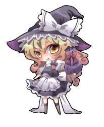 Rule 34 | 1girl, bad id, bad pixiv id, blonde hair, boooo-im, bow, braid, chibi, female focus, full body, hair bow, hat, kirisame marisa, simple background, solo, touhou, white background, witch, witch hat, yellow eyes