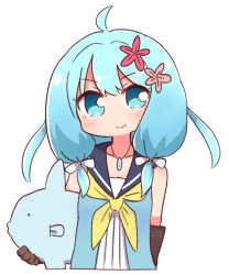 Rule 34 | 1girl, ahoge, blue dress, blue eyes, blue hair, blue sailor collar, blush, borrowed character, brown gloves, closed mouth, collarbone, commentary request, copyright request, cropped torso, dress, flower, gloves, hair between eyes, hair flower, hair ornament, hair over shoulder, hair ribbon, highres, jewelry, long hair, low twintails, naga u, neckerchief, pendant, pink flower, red flower, ribbon, sailor collar, sailor dress, simple background, sleeveless, sleeveless dress, smile, solo, twintails, upper body, white background, white ribbon, yellow neckerchief