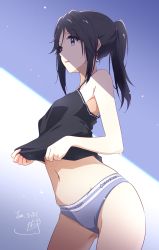 Rule 34 | 1girl, black camisole, black hair, blue eyes, brand name imitation, calvin klein, camisole, clothes lift, commentary request, dated, gluteal fold, grey panties, hibike! euphonium, high ponytail, highres, kasaki nozomi, light particles, navel, nii manabu, no pants, panties, ponytail, shirt lift, sidelocks, signature, sunlight, underwear