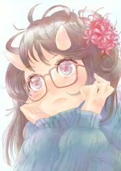 Rule 34 | 1girl, fang, flower, glasses, highres, horns, lotus, okamocheese, oni, original, red-framed eyewear, ribbed sweater, solo, sweater