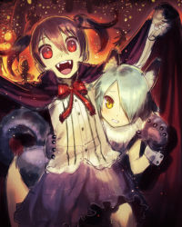 Rule 34 | 2girls, animal ears, animal hands, brown hair, cape, chyko7080, fangs, fire, gloves, hair over one eye, halloween, looking at viewer, multiple girls, open mouth, original, paw gloves, red eyes, shirt, silver hair, skirt, smile, tail, twintails, vampire, wolf ears, wolf tail, yellow eyes