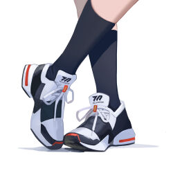Rule 34 | 1girl, black socks, blue archive, chinese commentary, close-up, commentary, cross-laced footwear, crossed legs, footwear focus, highres, kneehighs, legs, maki (blue archive), making-of available, shadow, shoelaces, shoes, simple background, sneakers, socks, solo, white background