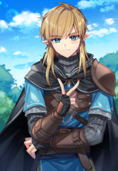 Rule 34 | 1boy, armor, belt, black cape, black gloves, black sweater, blonde hair, blue eyes, blue shirt, blue sky, brown belt, cape, closed mouth, cloud, commentary request, day, fingerless gloves, gloves, highres, hood, hood down, hooded cape, layered sleeves, link, long sleeves, looking at viewer, male focus, medium hair, nintendo, ninto, outdoors, pointy ears, ribbed sweater, shirt, short over long sleeves, short sleeves, shoulder armor, sky, smile, solo, sweater, the legend of zelda, the legend of zelda: breath of the wild, tree, tunic, upper body, v