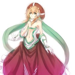 Rule 34 | + +, 1girl, bare shoulders, blonde hair, breasts, center opening, clione, collaboration, drawfag, elbow gloves, flower, gloves, green hair, hair flower, hair ornament, hat, highres, long skirt, monorus, navel, scarf, skirt, small breasts, solo, white gloves, yumekui merry