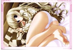 Rule 34 | 1girl, absurdres, ass, barefoot, bed, blonde hair, blush, daikan&#039;yama sumire, dress, feet, highres, lace, lace-trimmed panties, lace trim, legs, long hair, long legs, lying, nightgown, oshiki hitoshi, panties, polka dot, purple eyes, smile, soles, solo, suzunone seven, thighhighs, thighs, toes, trefoil, underwear, white panties