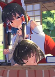 Rule 34 | 2girls, amanoyayuki, black hair, blanket, book, bow, camera, closed eyes, closed mouth, commentary request, covering with blanket, detached sleeves, finger to mouth, frilled bow, frilled hair tubes, frills, hair bow, hair tubes, hakurei reimu, hat, highres, long hair, multiple girls, no headwear, pointy ears, red bow, red eyes, red hat, ribbon-trimmed sleeves, ribbon trim, shameimaru aya, short hair, shouji, shushing, sleeping, sliding doors, smile, tokin hat, touhou, unworn headwear