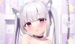 Rule 34 | 1girl, :o, animal ear fluff, animal ears, bad id, bad pixiv id, bare shoulders, bell, black choker, blush, cat ears, choker, collarbone, crescent, ear piercing, earrings, hair ornament, hairclip, highres, indoors, jewelry, long hair, looking at viewer, original, parted lips, piercing, portrait, purple eyes, shirt, solo, tsukiman, twintails, white shirt, window