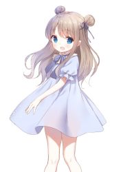 Rule 34 | 1girl, bad id, bad twitter id, blue bow, blue dress, blue eyes, blush, bow, brown hair, chitosezaka suzu, commentary, double bun, dress, english commentary, hair bun, hair ribbon, long hair, open mouth, original, puffy short sleeves, puffy sleeves, purple ribbon, ribbon, see-through, see-through silhouette, short sleeves, simple background, solo, standing, white background