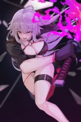 Rule 34 | 1girl, absurdres, ahoge, bikini, black bikini, black gloves, black jacket, breasts, brown eyes, cleavage, collarbone, cropped jacket, fate/grand order, fate (series), fire, gloves, grey hair, highres, jacket, jeanne d&#039;arc alter (fate), jeanne d&#039;arc alter (swimsuit berserker) (fate), katana, large breasts, long hair, long sleeves, open mouth, purple fire, red thighhighs, shrug (clothing), single thighhigh, solo, swimsuit, sword, thigh strap, thighhighs, thighs, vanko (vank0a), weapon