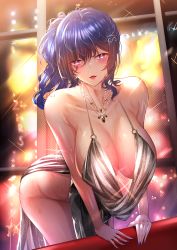 Rule 34 | 1girl, absurdres, azur lane, backless dress, backless outfit, bare shoulders, blue hair, breasts, cleavage, dress, earrings, evening gown, hair ornament, halter dress, halterneck, hanging breasts, highres, huge breasts, jewelry, leaning forward, misa pika, necklace, no bra, pink eyes, plunging neckline, revealing clothes, side ponytail, sidelocks, silver dress, solo, st. louis (azur lane), st. louis (luxurious wheels) (azur lane), sweat, thighs