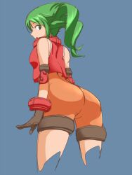 Rule 34 | 1girl, ass, bodysuit, breasts, gloves, green eyes, green hair, long hair, looking at viewer, medium breasts, open mouth, orange bodysuit, shu salmon, simple background, solo, solty rei, solty revant, spandex, twintails