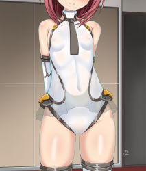 Rule 34 | 1girl, aikawa aika, alice gear aegis, breasts, cameltoe, covered navel, cowboy shot, cyber (cyber knight), elbow gloves, covered erect nipples, facing viewer, gloves, head out of frame, highres, indoors, leotard, microskirt, necktie, red hair, see-through, short hair, signature, skirt, small breasts, smile, solo, standing, thighhighs