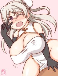 Rule 34 | 1boy, 1girl, artist logo, black gloves, blush, bouncing breasts, breasts, brown eyes, china dress, chinese clothes, cleavage, conte di cavour (kancolle), covered penetration, dated, double bun, dress, elbow gloves, gloves, gradient background, grey hair, hair bun, happy sex, hetero, kanon (kurogane knights), kantai collection, large breasts, long hair, one-hour drawing challenge, one eye closed, open mouth, pink background, sex, solo focus, v, vaginal, white dress