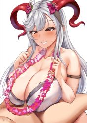 Rule 34 | 1boy, 1girl, alternate costume, armlet, bare shoulders, bikini, blush, breasts, breasts squeezed together, cleavage, commission, curled horns, fire emblem, fire emblem heroes, flower, flower necklace, freyja (fire emblem), goat horns, grey hair, hair ornament, hetero, horns, huge breasts, jewelry, long hair, lying, mature female, naughty face, necklace, nintendo, on back, open mouth, paizuri, red eyes, red horns, swimsuit, white bikini, white hair, yua (argaoffroad)