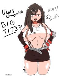 Rule 34 | 1girl, anger vein, angry, breasts, brown eyes, brown hair, english text, final fantasy, final fantasy vii, final fantasy vii remake, gloves, half-closed eyes, highres, large breasts, midriff, navel, revealing clothes, skirt, solo, tank top, text focus, tifa lockhart, underboob