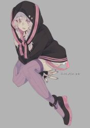 Rule 34 | 1girl, alternate hair color, animal ears, animal hood, anklet, arms between legs, black hoodie, brbr vrvr, commentary request, criss-cross halter, dated, expressionless, fake animal ears, full body, grey background, grey hair, halterneck, highres, hood, hood up, hoodie, invisible chair, jewelry, leaning forward, long sleeves, looking at viewer, open mouth, pink hoodie, purple eyes, purple nails, purple thighhighs, rabbit hood, ribbed thighhighs, short hair with long locks, signature, simple background, sitting, skindentation, sleeves past wrists, solo, thighhighs, tied ears, two-tone hoodie, vocaloid, voiceroid, yuzuki yukari