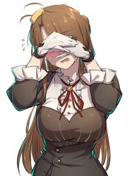 Rule 34 | 1girl, blush, breasts, brown hair, covering face, embarrassed, flying sweatdrops, girls&#039; frontline, gloves, large breasts, lee-enfield (girls&#039; frontline), lee-enfield (huntress&#039; frock) (girls&#039; frontline), long hair, open mouth, simple background, solo, springfield (girls&#039; frontline), white background, white gloves, xiujia yihuizi