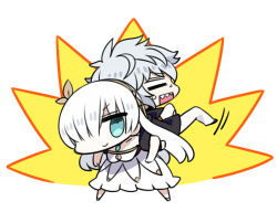 Rule 34 | 1boy, 1girl, = =, anastasia (fate), back-to-back, blue eyes, chan co, chibi, closed mouth, commentary request, dress, fate/grand order, fate (series), hair over one eye, kadoc zemlupus, looking at viewer, one eye covered, open mouth, sharp teeth, smile, standing, sweatdrop, teeth, white dress