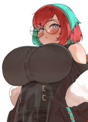 Rule 34 | 1girl, absurdres, aged up, backpack, bag, black corset, black jacket, black shorts, blue hair, blush, breasts, clothing cutout, commentary request, corset, cowboy shot, creatures (company), from below, game freak, glasses, grey eyes, grey shirt, hands in pockets, highres, hizakake, hood, hooded jacket, huge breasts, jacket, long sleeves, looking at viewer, multicolored hair, nintendo, open clothes, open jacket, parted lips, penny (pokemon), pokemon, pokemon sv, red hair, round eyewear, shirt, short hair, shorts, shoulder cutout, sidelocks, simple background, solo, standing, swept bangs, two-tone hair, white background