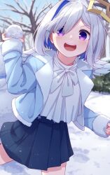 Rule 34 | 1girl, amane kanata, angel wings, blue coat, blue hair, blue skirt, bow, coat, colored inner hair, cowboy shot, dutch angle, hair over one eye, halo, highres, hololive, looking at viewer, medium hair, multicolored hair, open clothes, open coat, open mouth, outdoors, pleated skirt, purple eyes, shirt, skirt, smile, snow, snowball, solo, star halo, streaked hair, throwing, tree, v-shaped eyebrows, virtual youtuber, white bow, white hair, white shirt, wings, yaaben