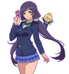 Rule 34 | 10s, 2girls, ayase eli, blazer, blonde hair, blush, breasts, card, chibi, green eyes, jacket, kugi ta hori taira, large breasts, long hair, looking at viewer, love live!, love live! school idol project, low twintails, multiple girls, plaid, plaid skirt, playing card, ponytail, purple hair, school uniform, simple background, skirt, smile, tojo nozomi, twintails, very long hair, white background