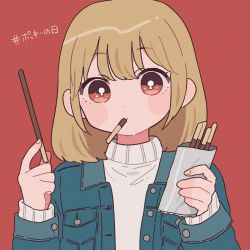 Rule 34 | 1girl, blonde hair, blue jacket, bright pupils, brown eyes, emma (kumaema), food, food in mouth, highres, holding, holding food, jacket, long sleeves, looking at viewer, medium hair, open clothes, open jacket, original, pocky, pocky day, red background, simple background, solo, sweater, upper body, white pupils, white sweater