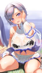 Rule 34 | 1girl, :d, anchor symbol, armlet, azur lane, bare shoulders, black bra, black hairband, black shorts, blush, boots, bra, breasts, cheerleader, cleavage, clothing cutout, commentary request, cowboy shot, crop top, crop top overhang, eagle union (emblem), eyebrows hidden by hair, grass, grey hair, groin, hair between eyes, hairband, hand up, kachua (kachua l), knee boots, large breasts, looking at viewer, midriff, miniskirt, navel, open mouth, parted hair, pom pom (cheerleading), purple eyes, purple sash, reno (azur lane), reno (biggest little cheerleader) (azur lane), sash, see-through, see-through skirt, see-through sleeves, shirt, short hair, shorts, shorts under skirt, sidelocks, sitting, skirt, sleeveless, smile, solo, teeth, thigh cutout, underboob, underwear, upper teeth only, wariza, wet, wet clothes, wet shirt, wet skirt, white footwear