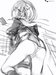 Rule 34 | 1girl, all fours, ass, blush, bow, braid, cameltoe, character name, female focus, from behind, greyscale, hair bow, highres, looking back, monochrome, nanashi (nlo), open mouth, panties, short hair, single braid, skirt, solo, underwear, virtual youtuber, yuni (yuni channel), yuni channel