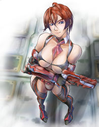 Rule 34 | 1girl, ascot, bare shoulders, belt, blue eyes, breasts, choker, cleavage, cleavage cutout, clothing cutout, detached sleeves, earrings, eyeshadow, fingerless gloves, fingernails, from above, gloves, gun, highres, holding, holding gun, holding weapon, jewelry, kz-red, large breasts, makeup, nail polish, original, red hair, shiny clothes, shiny skin, short hair, smile, solo, standing, thighhighs, trigger discipline, weapon