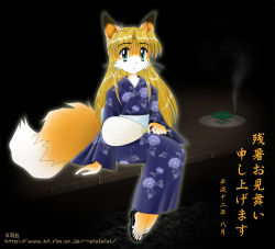 Rule 34 | 1girl, animal ears, blonde hair, feet, fox ears, fox girl, fox tail, full body, furry, furry female, green eyes, japanese clothes, kimono, long hair, looking at viewer, pisipisi, sandals, sitting, solo, tail, toes, translation request, whiskers, yukata