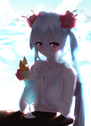 Rule 34 | 1girl, absurdres, ahoge, backlighting, bare arms, bare shoulders, bikini, bikini top only, breasts, chair, cleavage, closed mouth, cocktail, collarbone, cup, drink, drinking glass, drinking straw, flower, hair flower, hair ornament, hair rings, hand on own chest, hibiscus, highres, ice, ice cube, light, long hair, looking at viewer, matoi (pso2), medium breasts, nishibi mitsuba, o-ring, o-ring bikini, o-ring top, phantasy star, phantasy star online 2, pink eyes, silver hair, smile, solo, star (symbol), swimsuit, table, underboob, white bikini