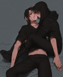 Rule 34 | 1boy, 1girl, abbystea, black footwear, black hair, black jacket, black pants, blood, boots, closed mouth, commentary, english commentary, closed eyes, grey background, hand on another&#039;s head, highres, hood, hooded jacket, imminent kiss, jacket, long sleeves, midriff, navel, nosebleed, original, pants, profile, scratches, short hair, simple background, sitting