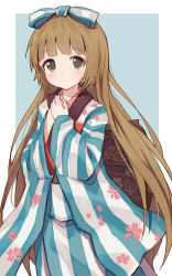 Rule 34 | 1girl, back bow, blue bow, blue kimono, blunt bangs, blush, bow, brown eyes, brown hair, closed mouth, floral print, hair bow, highres, idolmaster, idolmaster cinderella girls, japanese clothes, kimono, long hair, long sleeves, looking at viewer, own hands together, shone, smile, solo, standing, striped bow, striped clothes, striped kimono, vertical-striped clothes, vertical-striped kimono, very long hair, wide sleeves, yorita yoshino