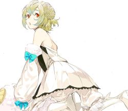 Rule 34 | 1boy, bare shoulders, blue bow, boots, bow, detached sleeves, double bun, dress, fate/grand order, fate (series), green hair, kneeling, looking back, male focus, open mouth, orange eyes, pako (pakosun), paris (fate), sheep, simple background, solo, white background, white footwear, wool